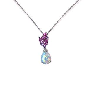 -Sterling silver opal, pink sapphire + amethyst cluster necklace